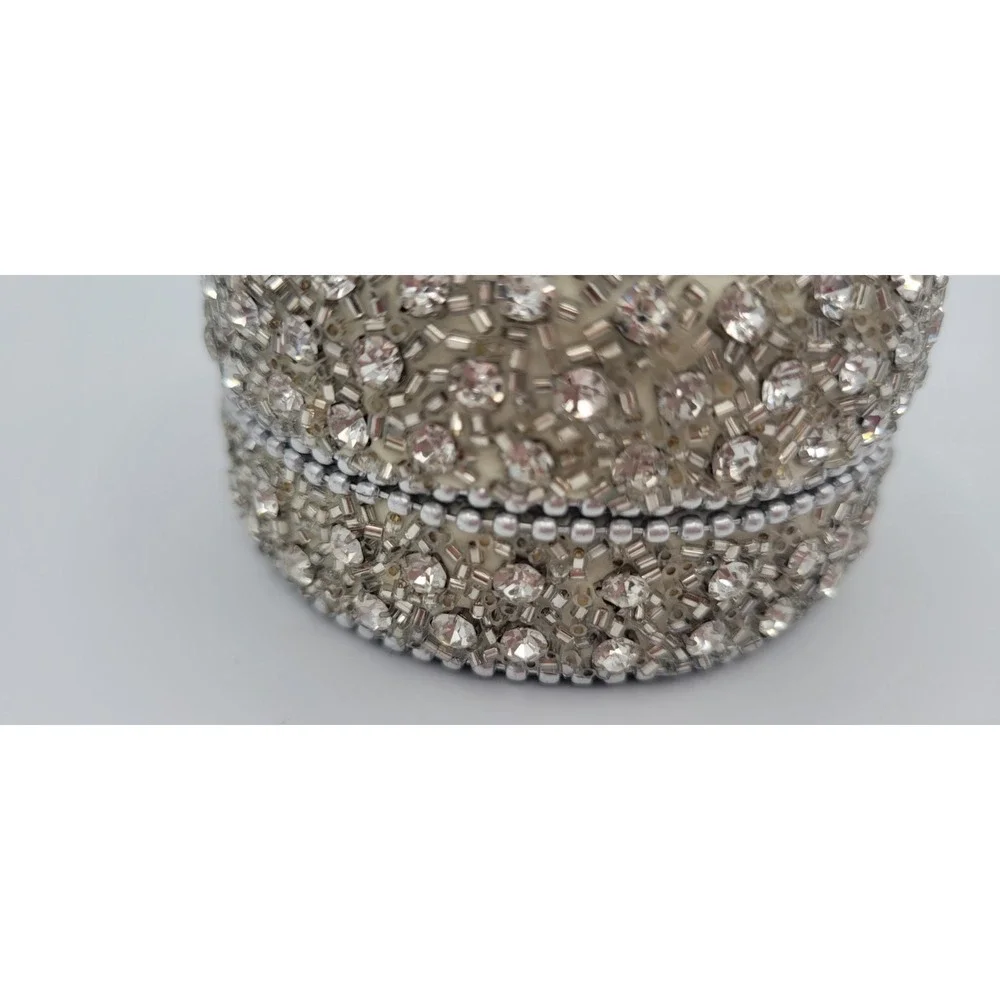 Silver Tone Round Rhinestone Crystal Beaded Trinket Box with Lid